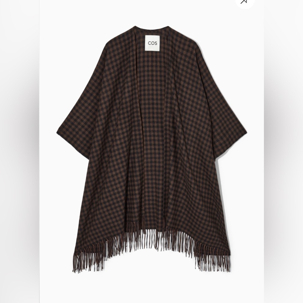 NWT COS 100% wool Plaid Fringe Throw in Brown